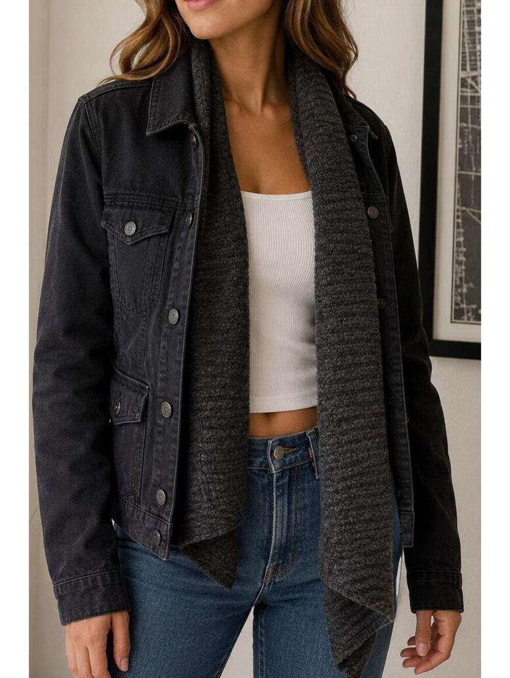 Y2K Abercrombie & Fitch Black Denim Jacket M Built In Knit Scarf Shawl Collar